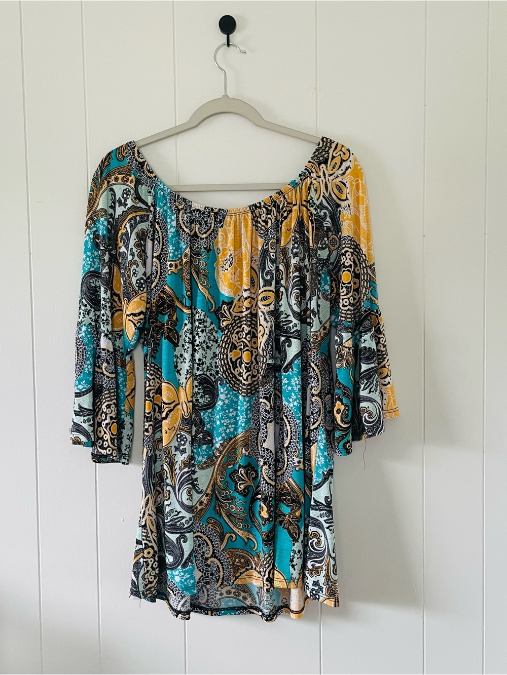 Off-the-Shoulder Paisley Blouse in Teal & Mustard